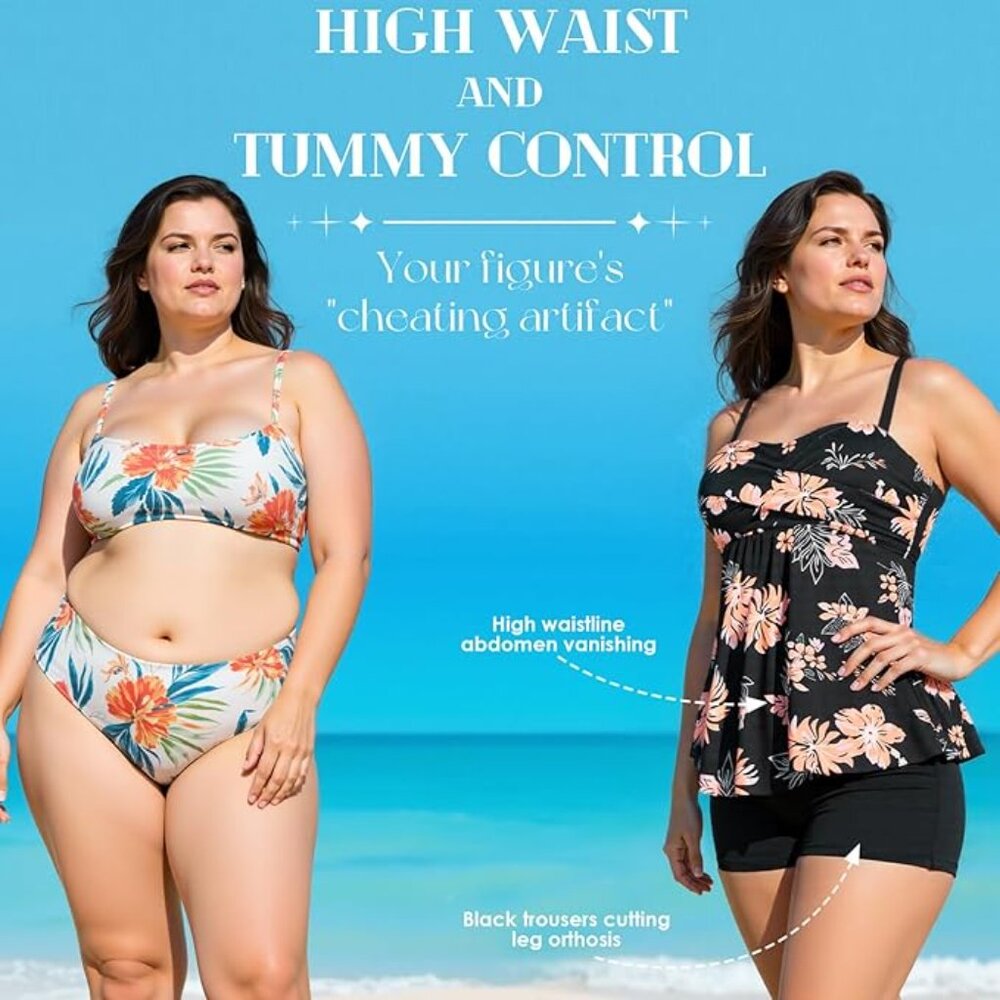 Sz 3XL Tummy Control Tankini Swimsuit 2 Piece with Short X003PWVQA9 - Picture 2 of 6